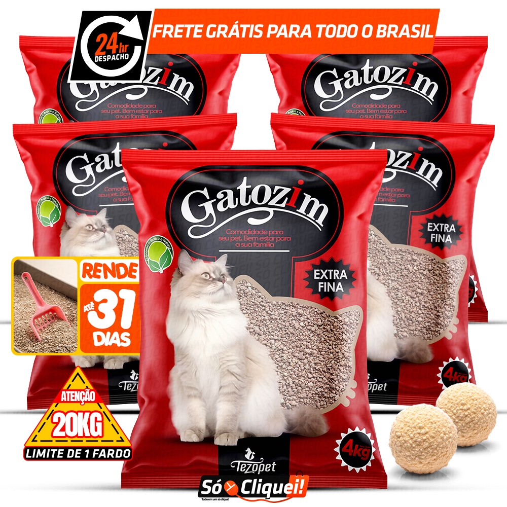 Kit 5 Pacotes Areia de Gato Gatozim Extra Fina Far