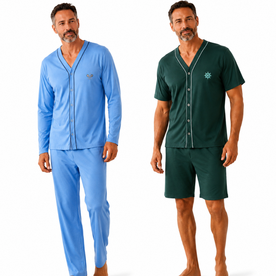 Pijama Masculino com Botão Manga Longa e Manga Cu