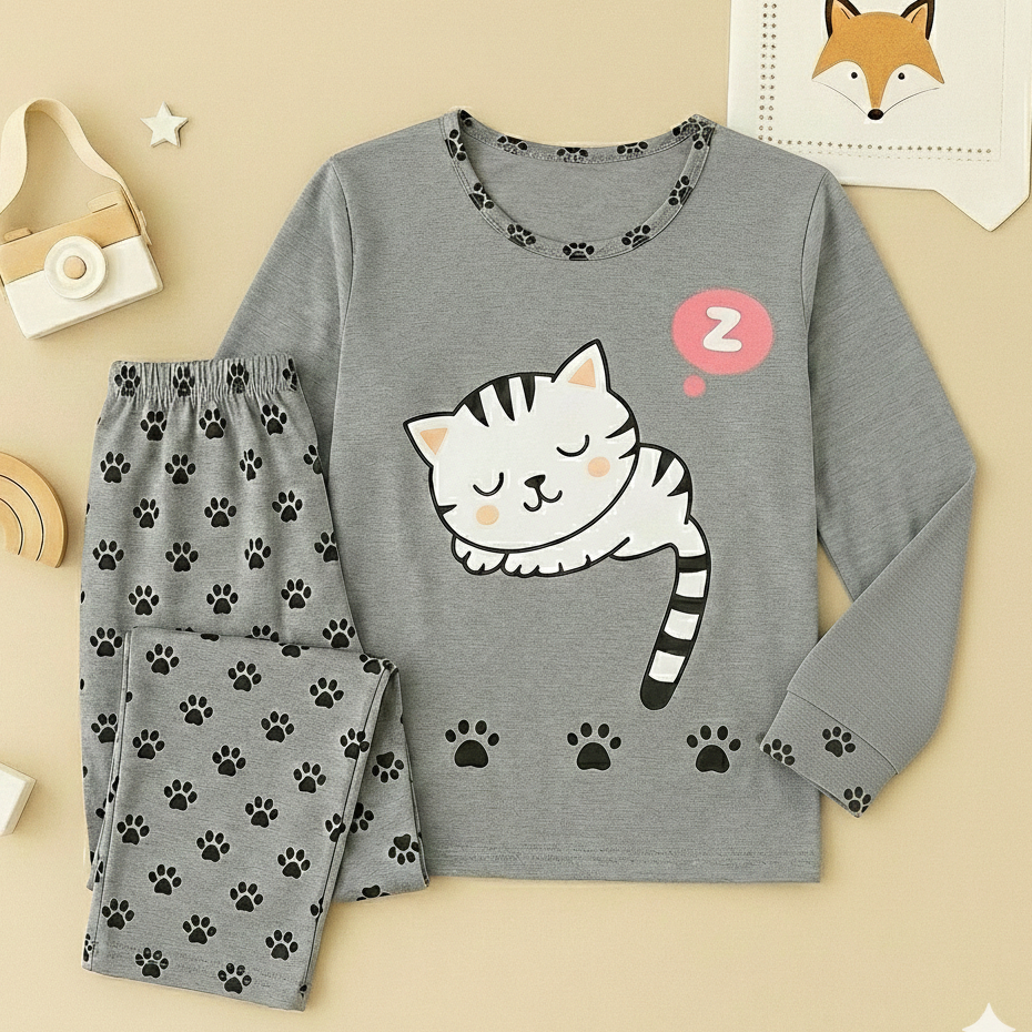 Pijama De Inverno Gatinho Cinza Malha Premium Long