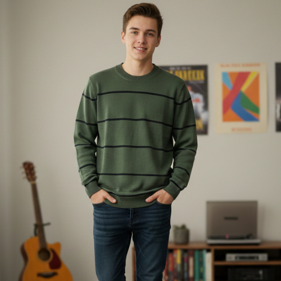 Blusa Masculina Tricot Listrada Juvenil Manga Long
