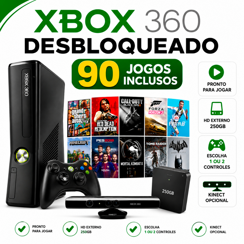 Console Xbox 360 Super Slim Preto + 90 Jogos + Con
