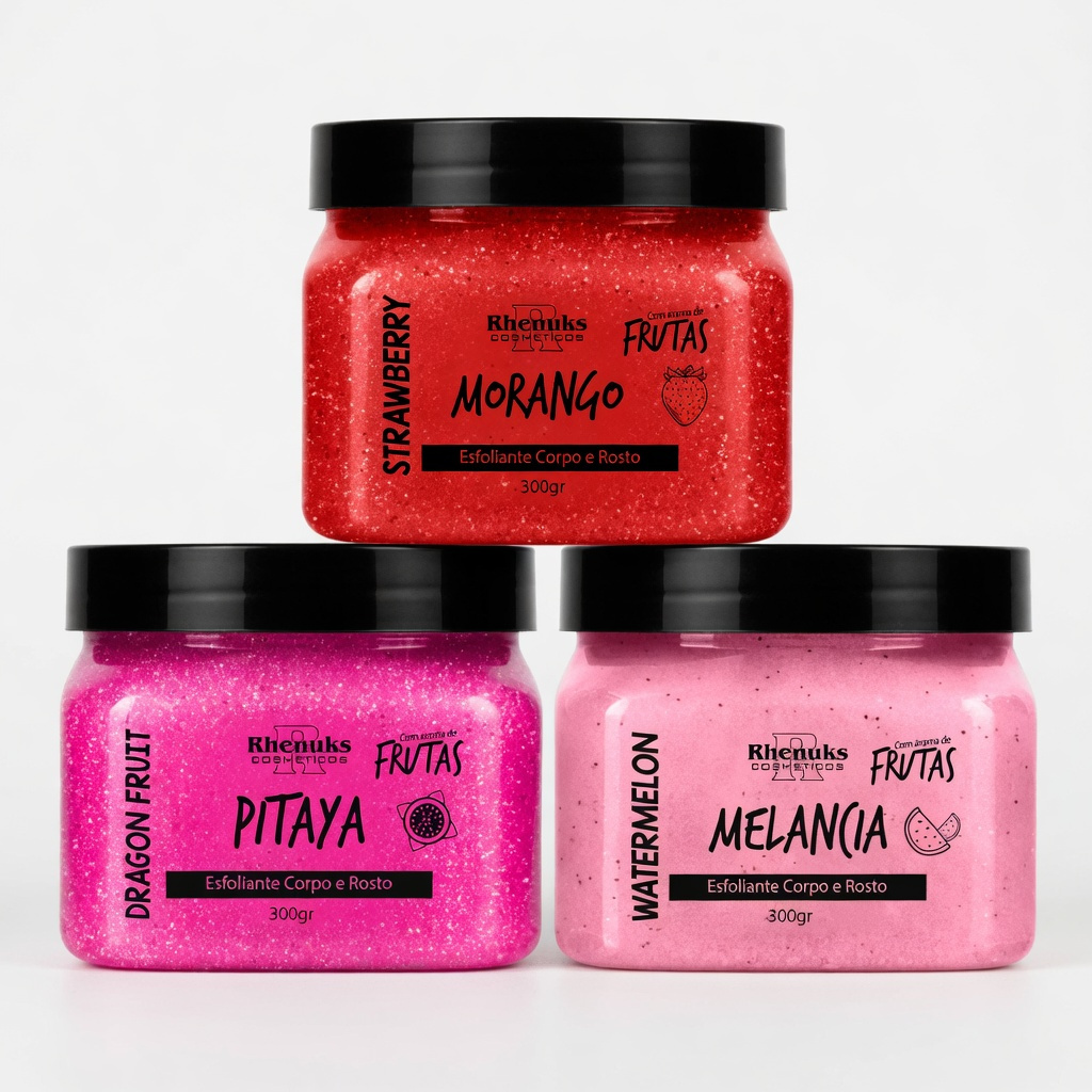 Kit 3 Esfoliantes Corpo e Rosto 300g Morango, Mela