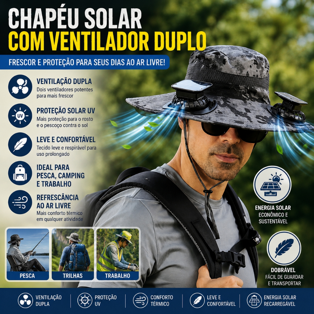 Chapeu Solar com Ventilador Duplo Protecao UV Vent