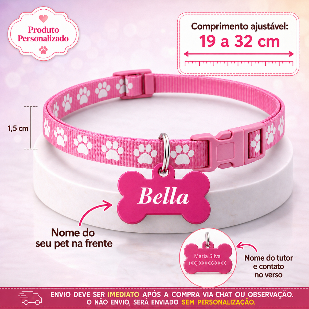 Coleira Pet Personalizada para Cachorro Gato Macho