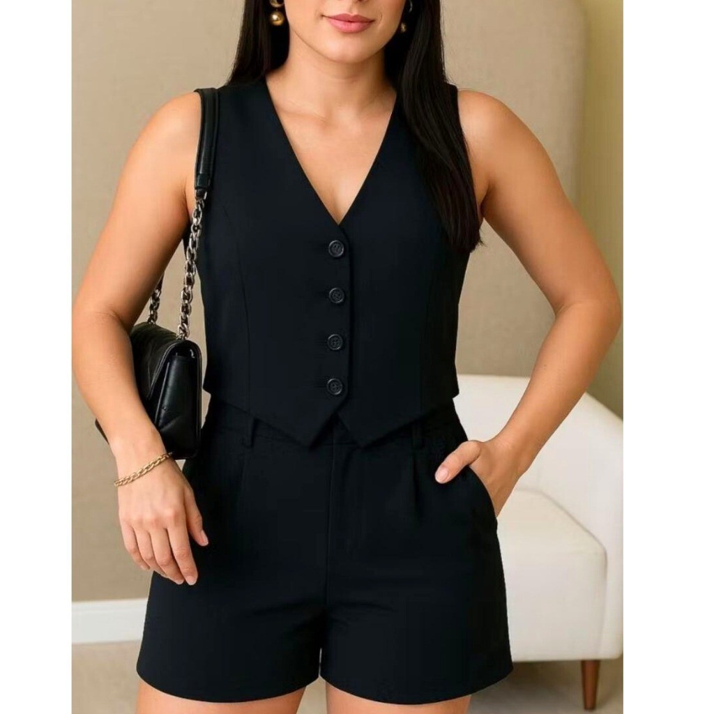 Conjunto Alfaiataria Colete V + Shorts Cintura Alt