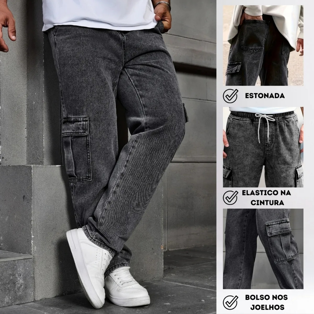 Calça Jeans Cargo Masculina Streetwear Skatista P