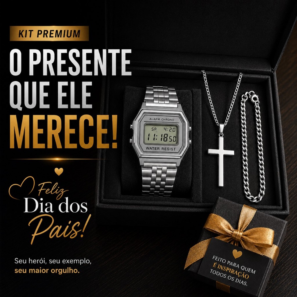 Kit Relógio Retrô + Correntinha de 60cm  + Cruci
