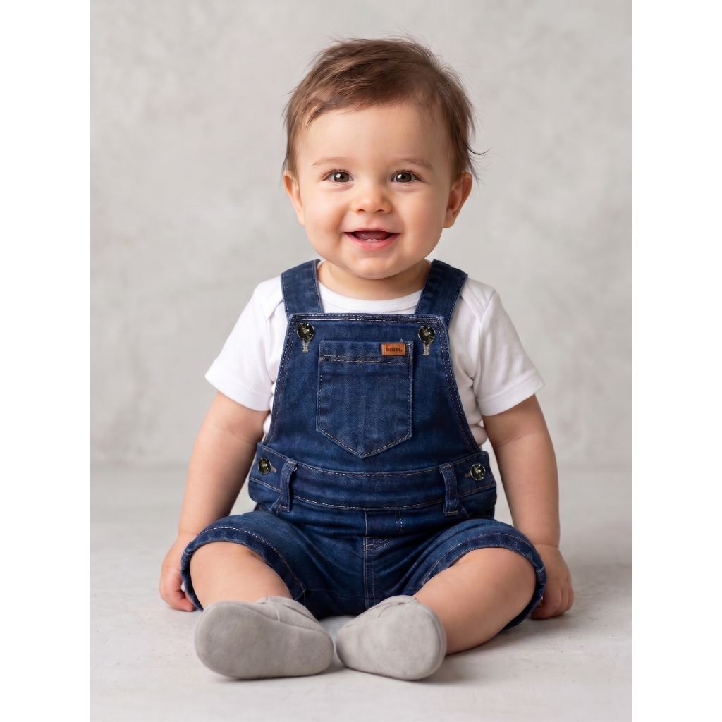 Jardineira Bermuda Jeans Bebê Menino Bolsos Funci
