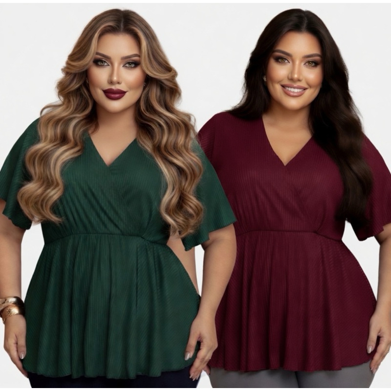 Kit 2 Blusa Plus Size Fresca Decote V Soltinha Bat