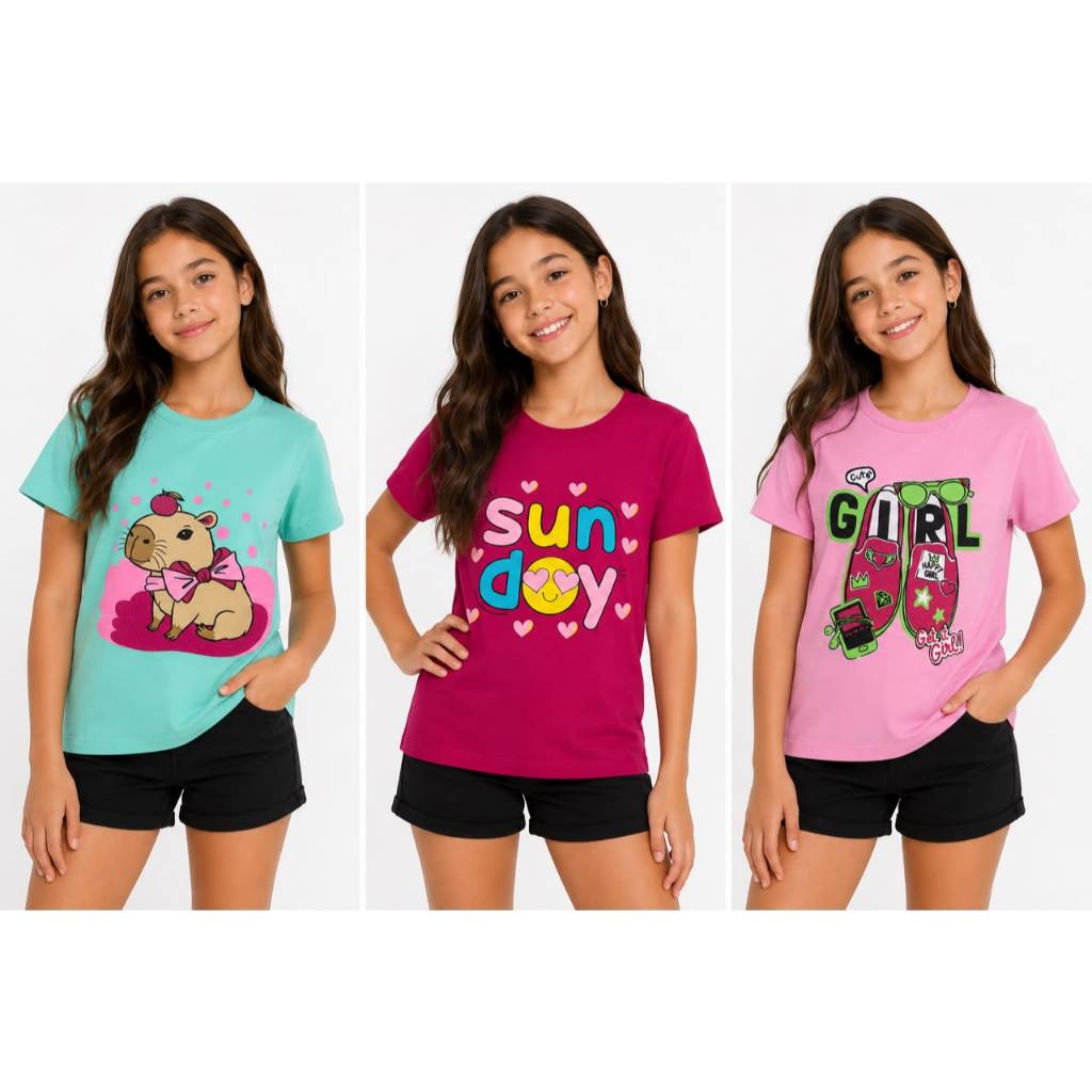 Kit 3 Blusa Manga Curta Menina Verão 1 ao 14 anos