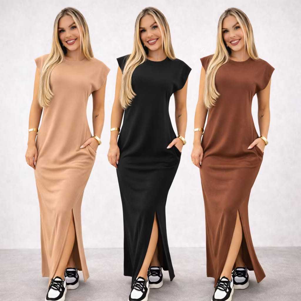 Vestido Feminino longo casual basico RIBANA canela