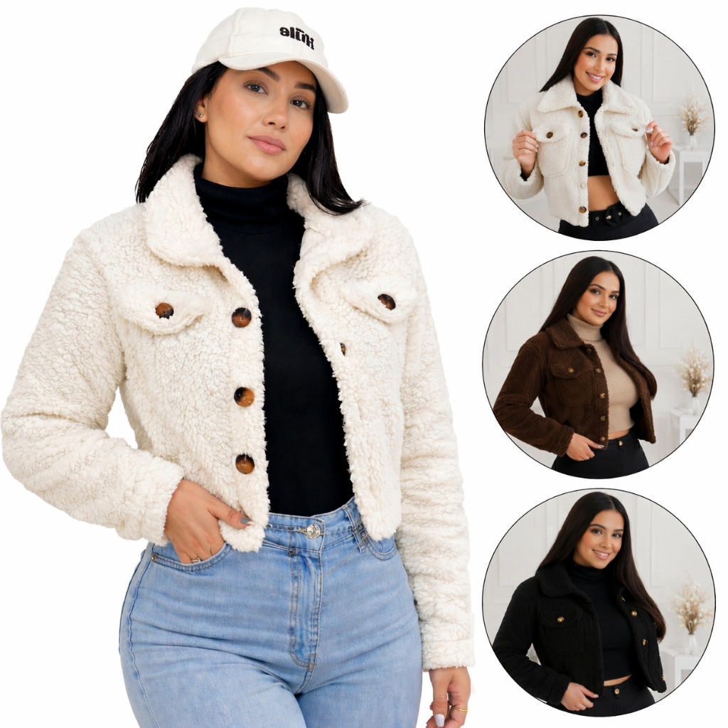 Casaco Botao Teddy Curto Cropped Pelinho Jaqueta B