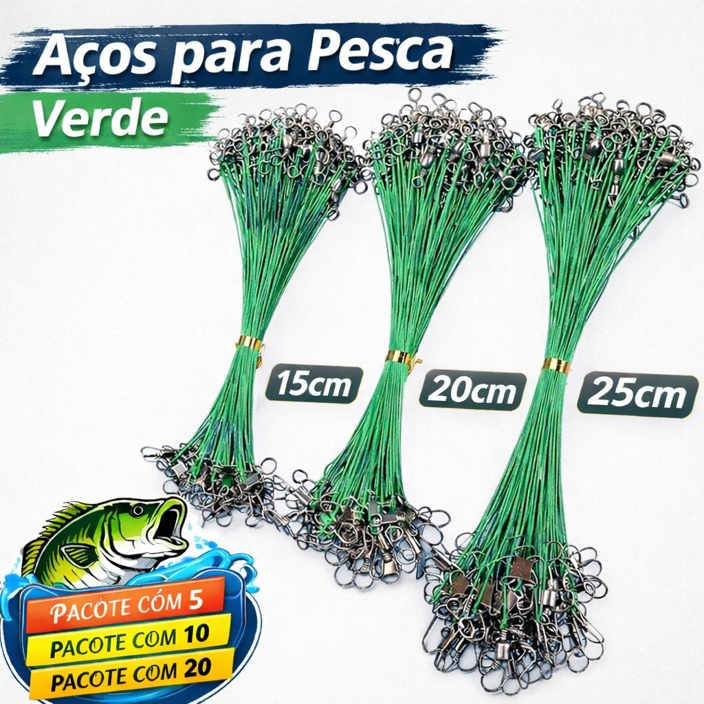 kit Cabo de Aço Pesca Encapado Verde Snap Girador