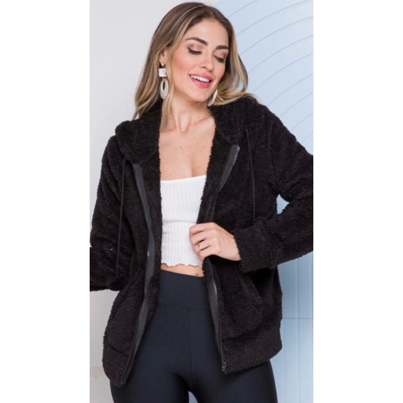 JAQUETA FEMININA DE FRIO COM CAPUZ E ZÍPER CASACO
