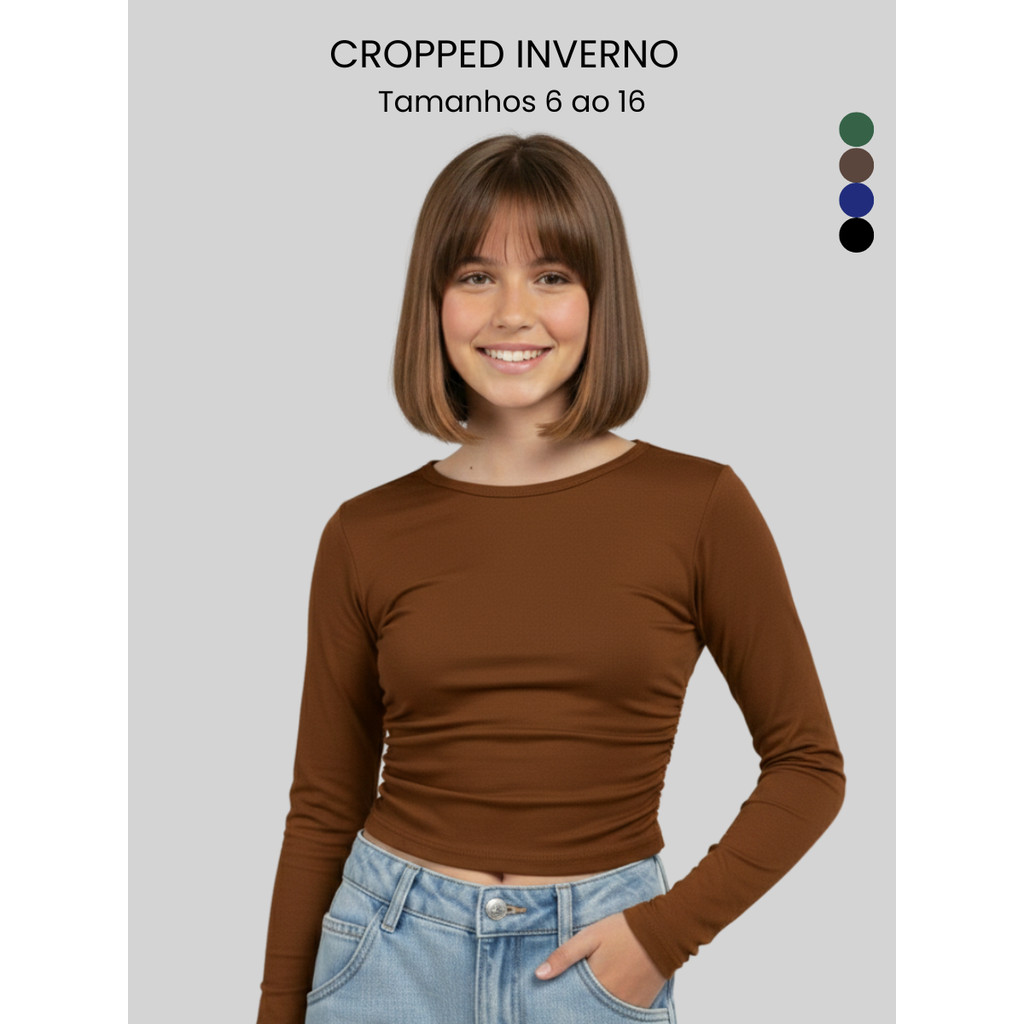 Cropped Blusa Manga Longa Gola Careca Menina Moda 