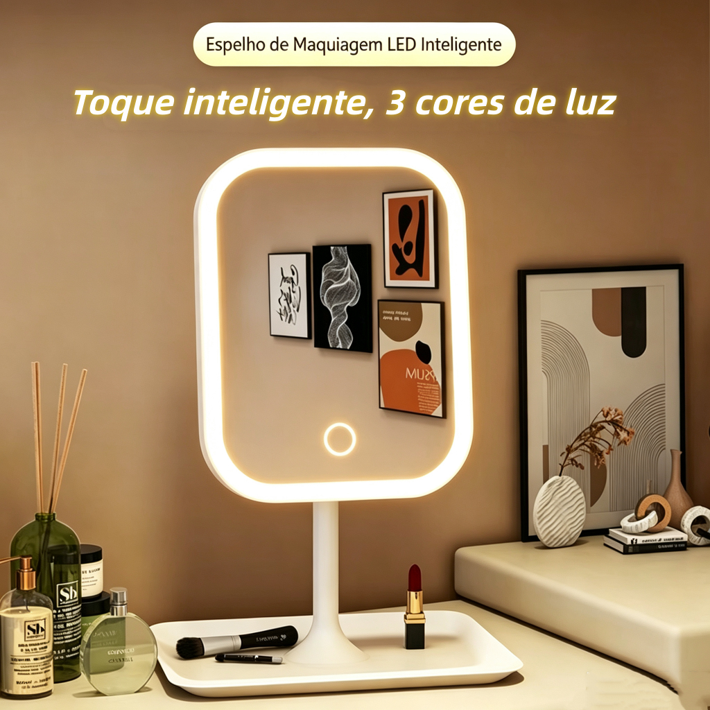 Espelho LED de Mesa com Bandeja Porta Maquiagem Lu
