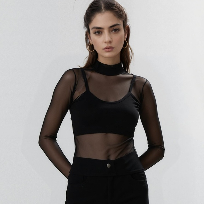 Gola alta blusa de Tule manga longa Malha Transpar