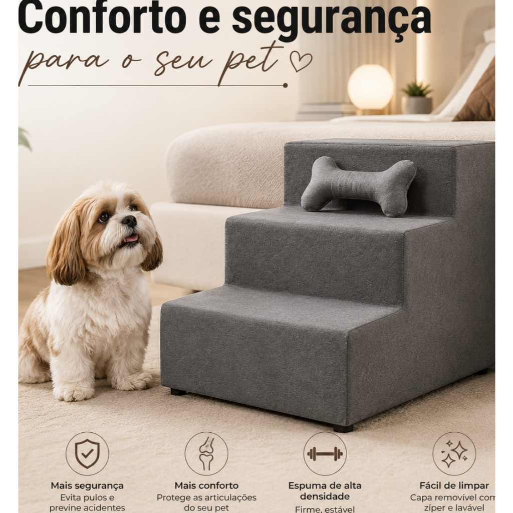 Escada Pet 3 Degraus para Cachorros e Gatos | Conf