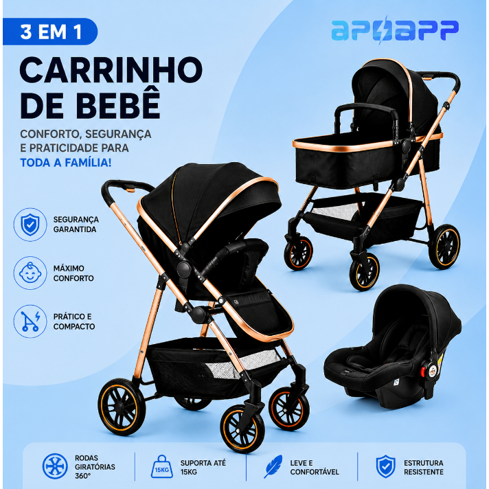 Carrinho De Bebê Completo 3 EM 1 Apoapp Com Mois�