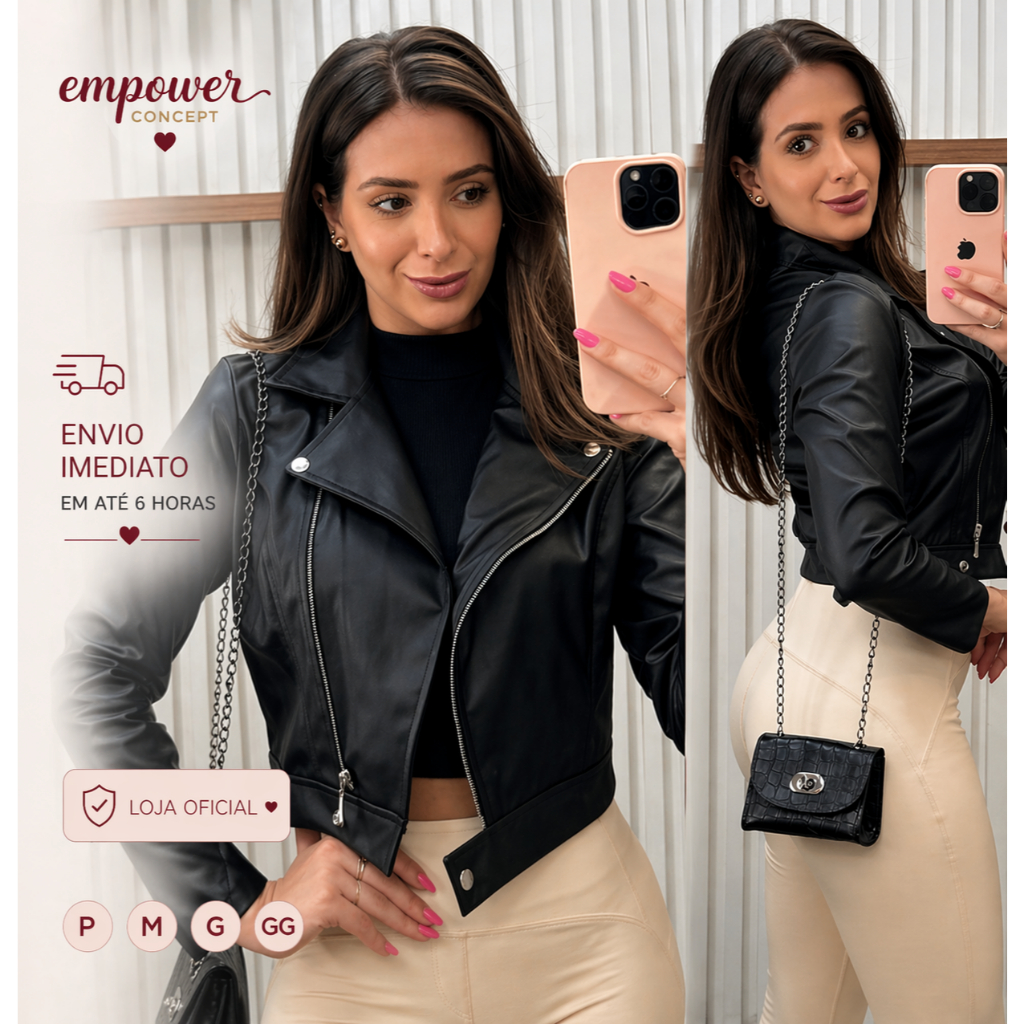 Jaqueta Couro Premium Feminina Zíper Elegante Cou