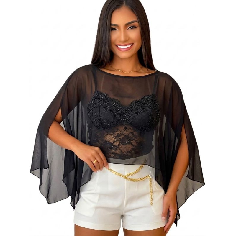 Blusa Poncho Tule Transparente Assimetrica | Look 