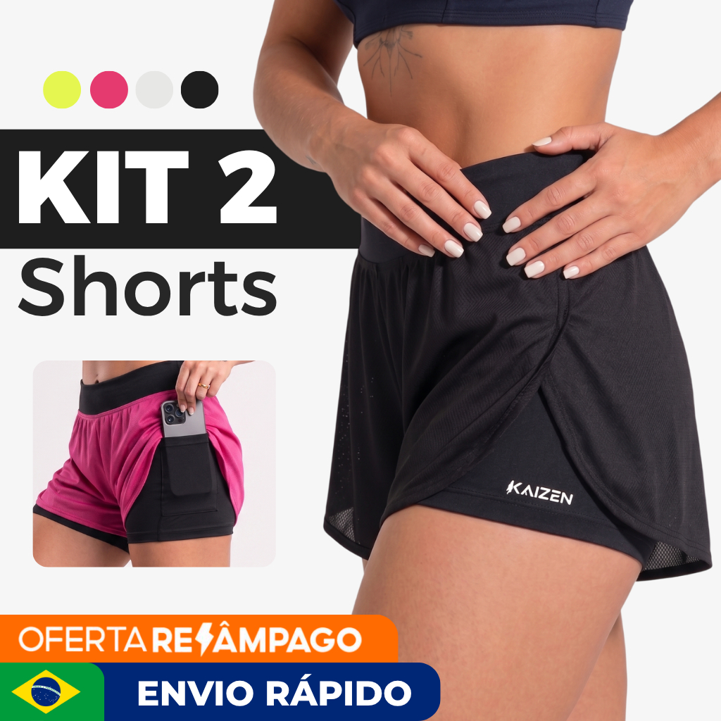 KIT COM 2 SHORTS FEMININO 2 EM 1 Dry Fit C/ Bolso 