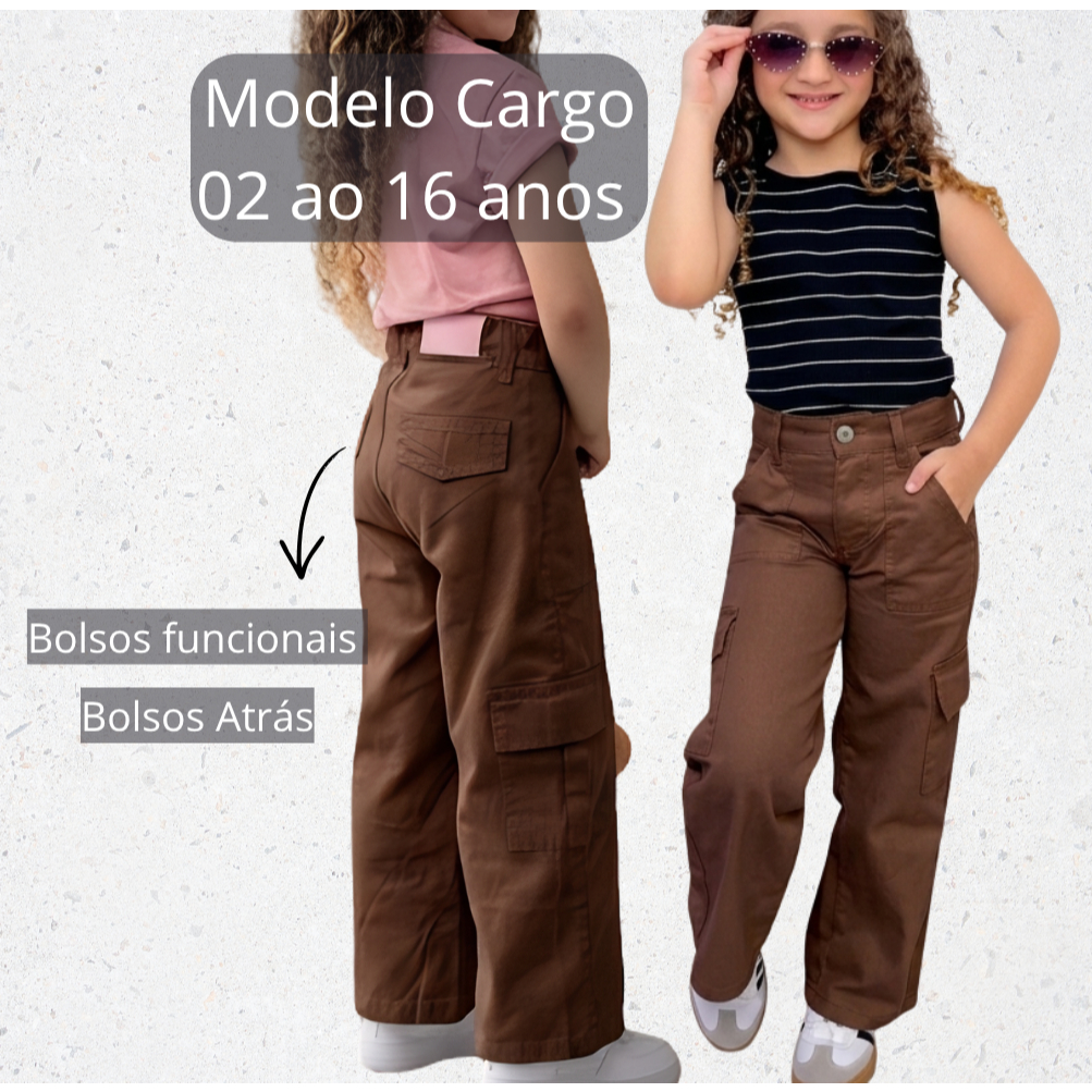 Calça Wide Leg Cargo Infantil Jeans Feminina Tend