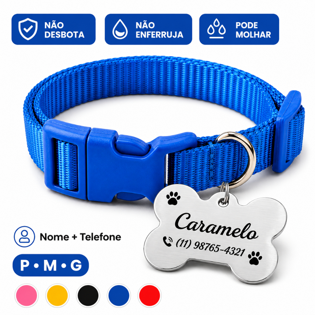 Coleira Pet Ajustável com Tag de Identificação 