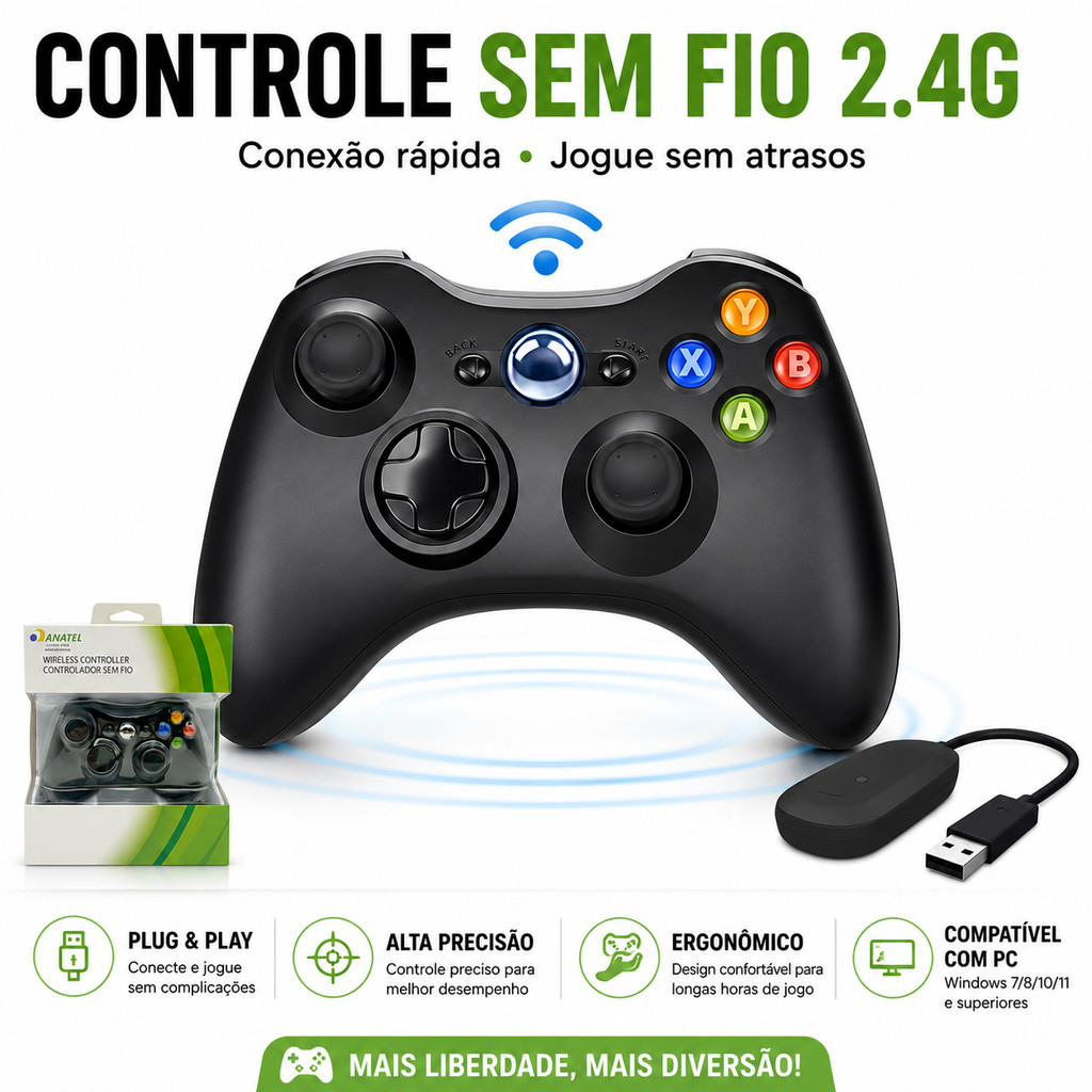 Controle Sem Fio 2.4G para Console 360 e PC com Jo