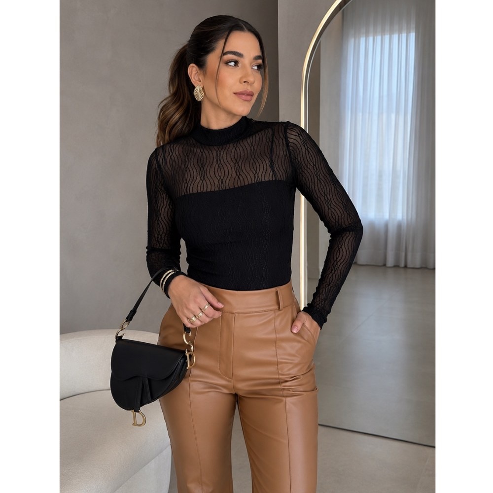 Blusa Tule Ondas Feminina Manga Longa Transparente