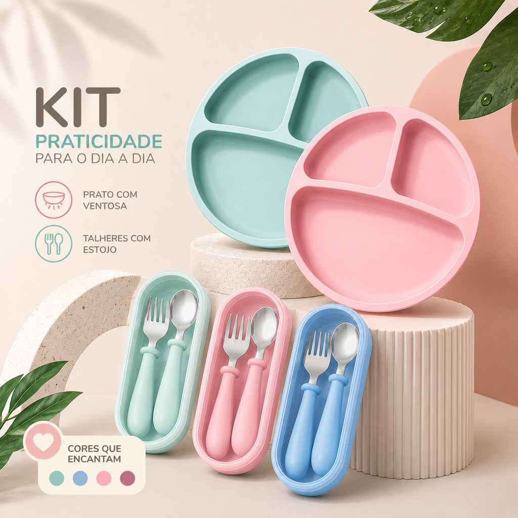 Kit Prato Infantil Silicone Com Ventosa E Talheres