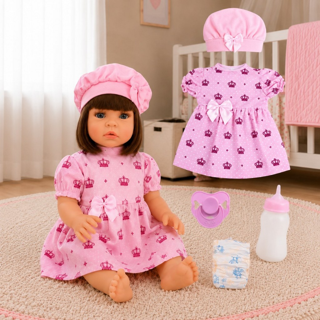 Boneca Bebê Reborn Vestido Coroa Rosa Realista Em