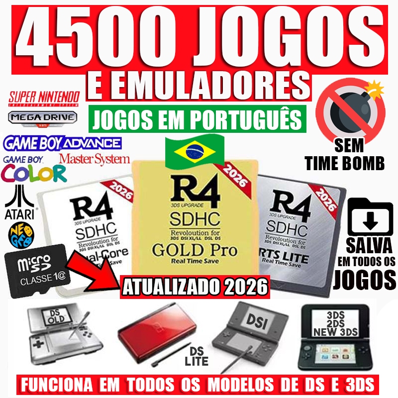 R4 2026 Cartucho + SD Card 4500 Jogos e Emuladores