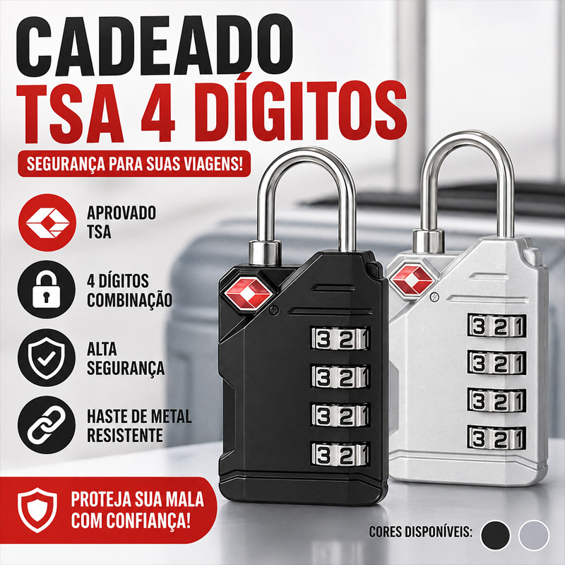 Cadeado TSA 4 Dígitos com Haste de Metal Senha pa