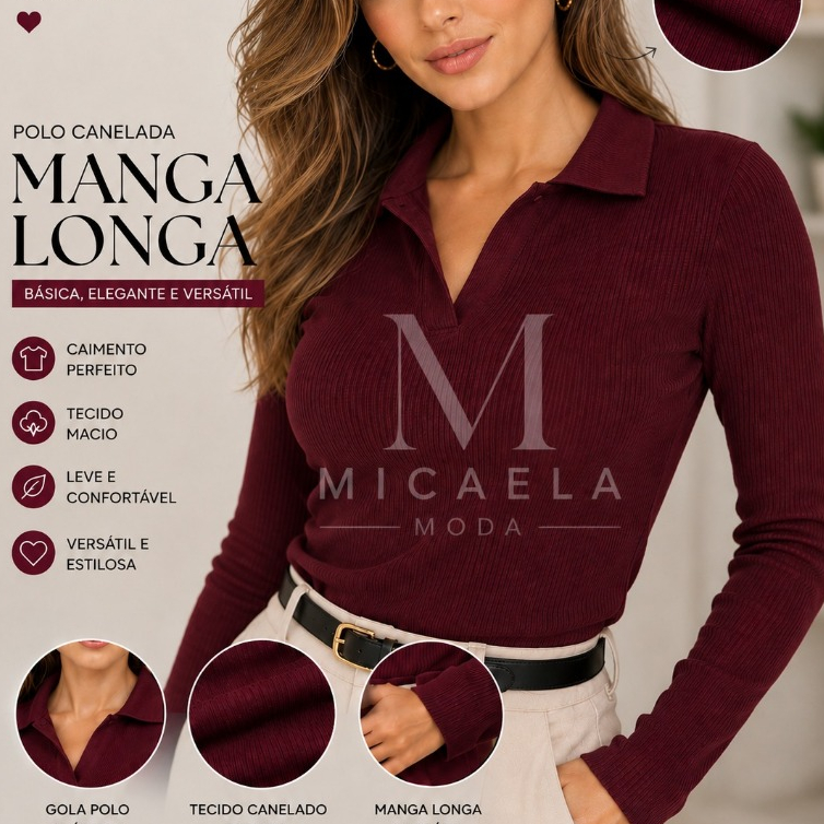 Blusa Polo Feminina Manga Longa Canelada Premium E