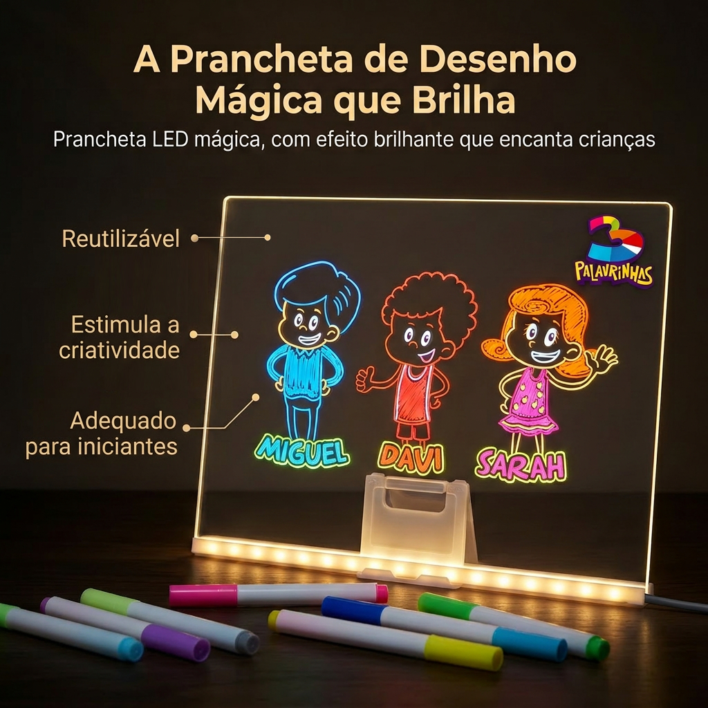 Lousa Mágica LED 30x20cm + 12 Canetas Coloridas &