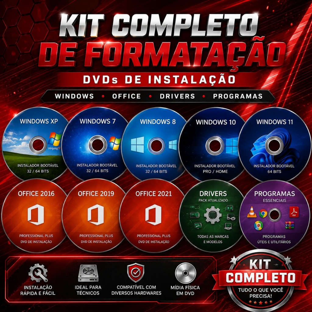 DVD Windows 11, 10, 8, 7 e XP | Kit Formatação |