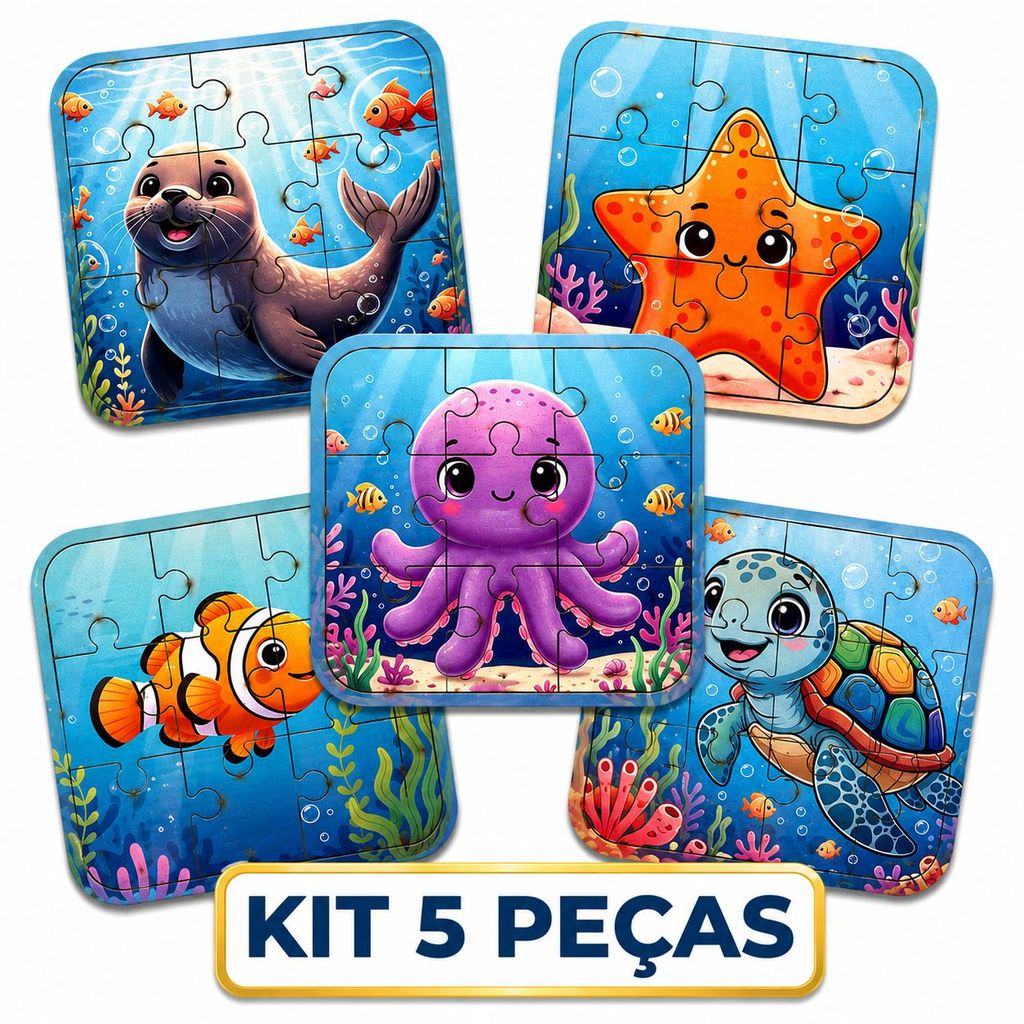 Kit 5 Quebra-Cabeça Infantil Educativo Madeira Md