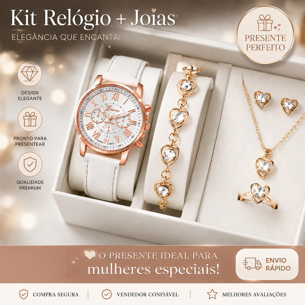 Elegante conjunto de relógio e joias femininas, i
