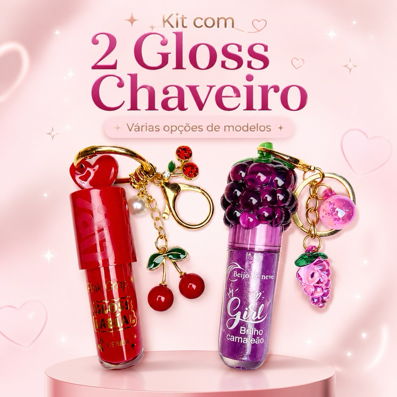 Kit 2 Gloss Labial com Chaveiro Chocolate e Cereja