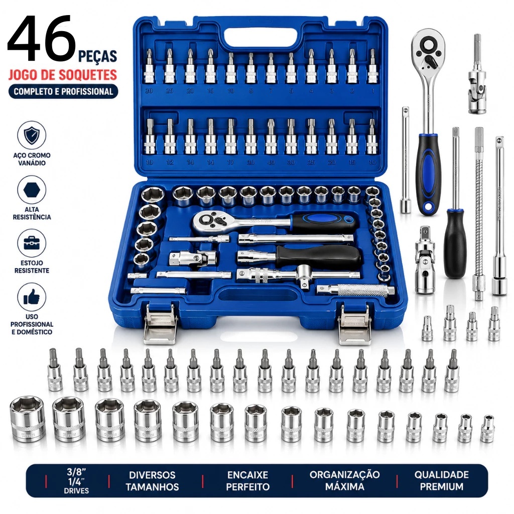 Kit 46 Peças Chave Catraca Jogo Soquetes Allen To
