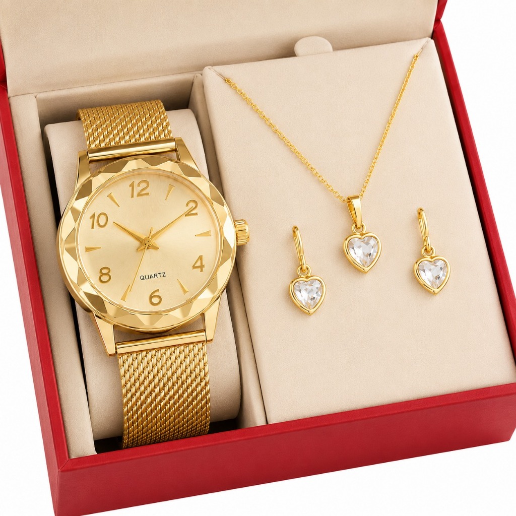 Relógio Feminino + Colar Pingente Brincos Folhead