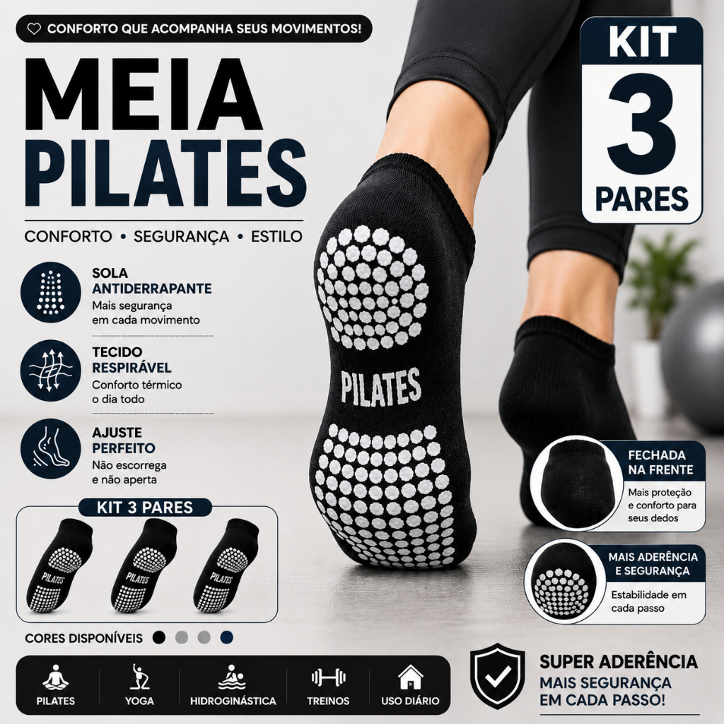 Kit 3 Pares Meia Pilates Yoga Hidroginástica