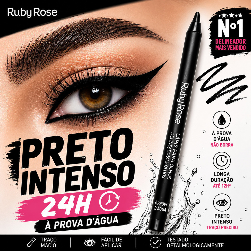 Lápis Delineador Ruby Rose Preto Intenso À Prova