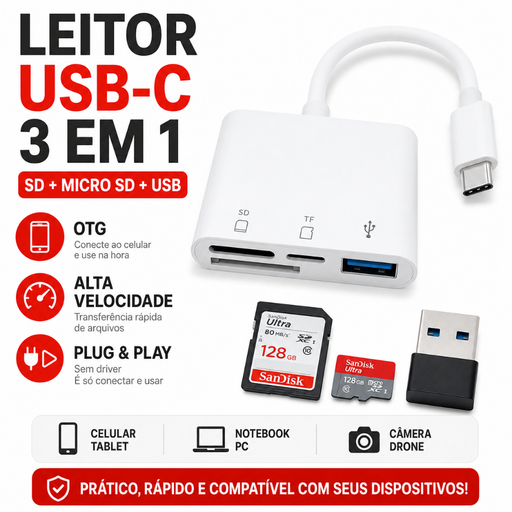Leitor Cartão USB C 3 Em 1 OTG SD Micro SD Adapta