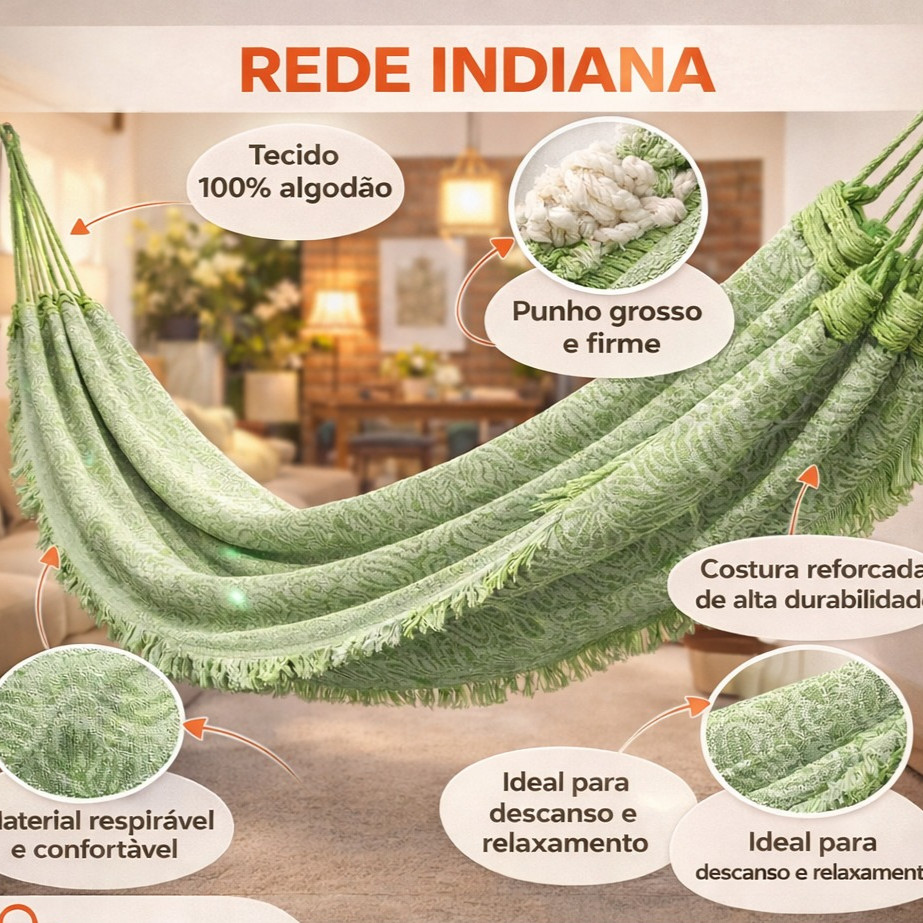rede de dormir  2,60m x1,63m indiana p algodão re