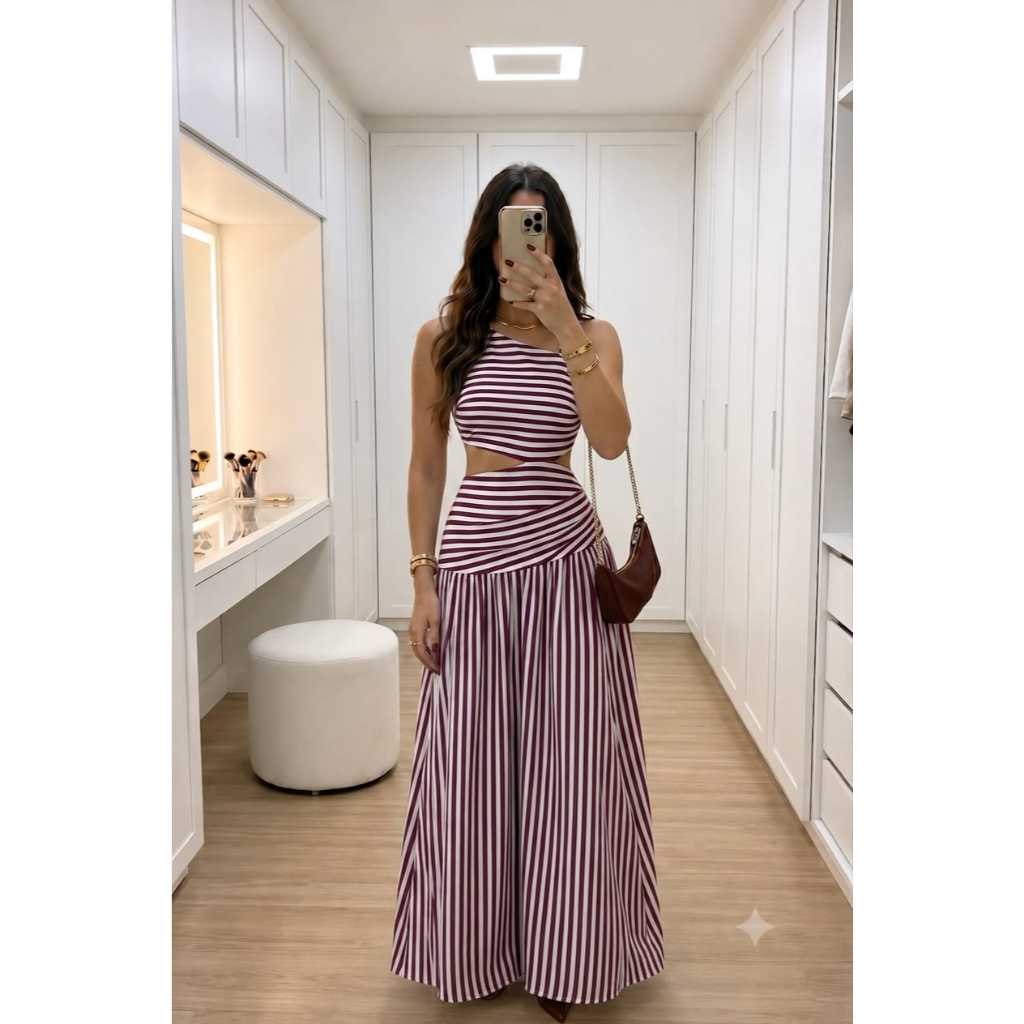 Vestido Longo Feminino Listrado Assimetrico com Co