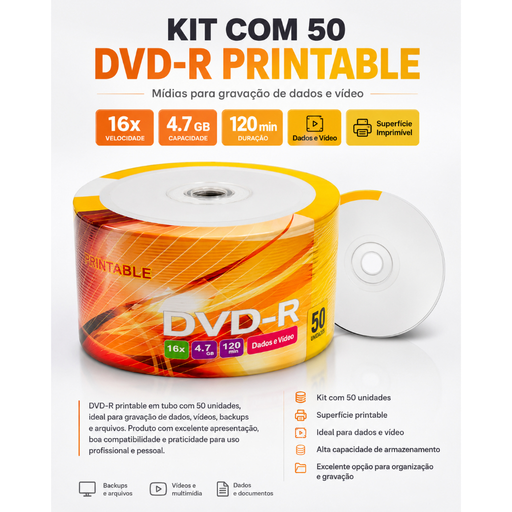 DVD-R Printable Virgem 4.7GB 16X Pino C/50 Mídias