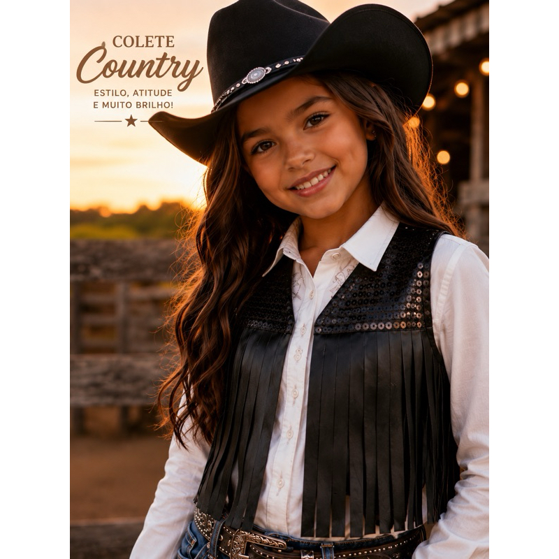 Colete Country Infantil Feminino Com Franjas e Pae