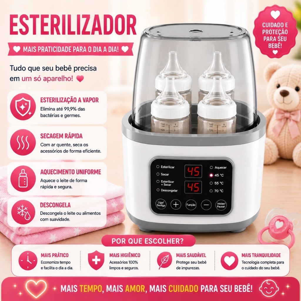 Aquecedor de Leite para Bebê 2 em 1 Esterilizador